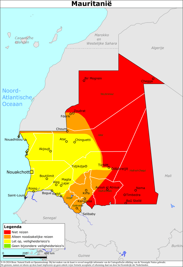 reisadvies kaart Mauritanië